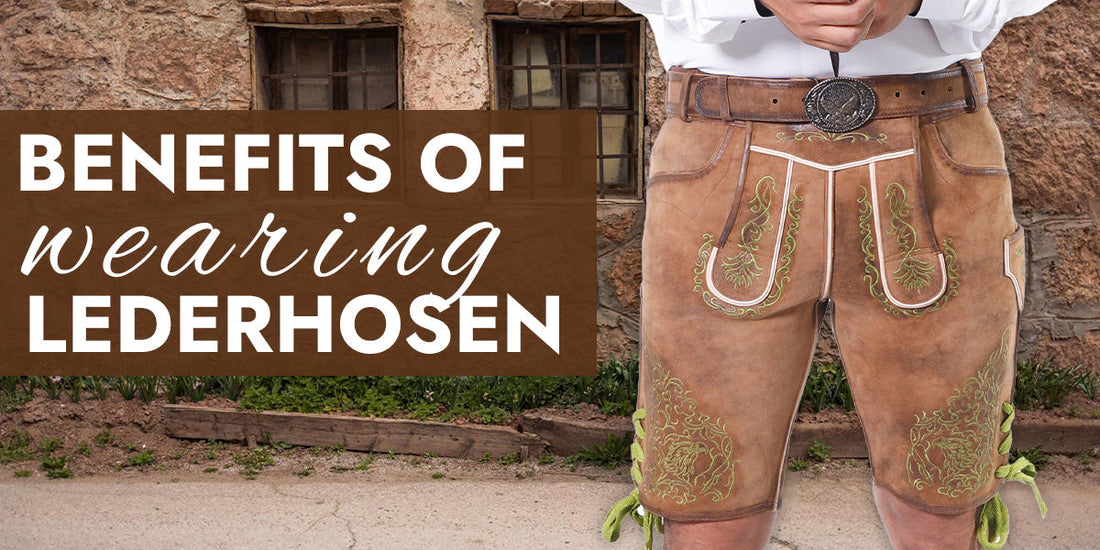 Close-up of traditional tan suede lederhosen with green embroidery, decorative belt buckle, and side lacing, highlighting the comfort, durability, practicality, and timeless style of authentic Bavarian attire