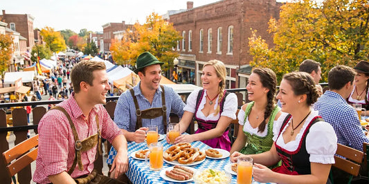 People wearing traditional dirndls and lederhosen enjoying Bavarian food and drinks at an outdoor Oktoberfest celebration in Maryland during the fall season