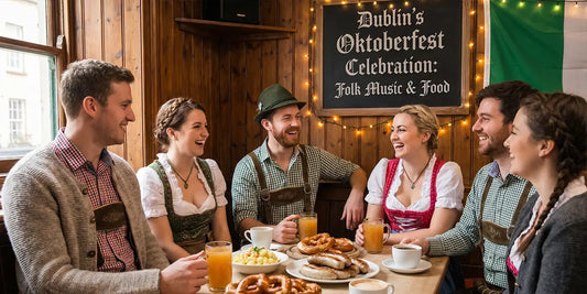 People wearing traditional dirndls and lederhosen enjoying Bavarian food, drinks, and live conversation during an Oktoberfest celebration in Dublin