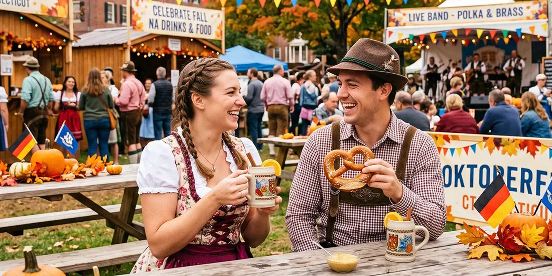 Visitors celebrating Connecticut Oktoberfest in traditional dirndls and lederhosen with Bavarian pretzels, beer steins, and live music.