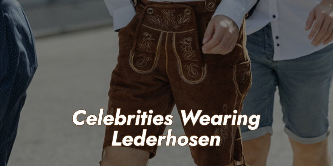 Traditional embroidered lederhosen worn in celebrity-inspired Bavarian fashion, showcasing the growing popularity of lederhosen beyond Oktoberfest