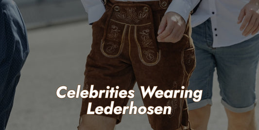 Traditional embroidered lederhosen worn in celebrity-inspired Bavarian fashion, showcasing the growing popularity of lederhosen beyond Oktoberfest