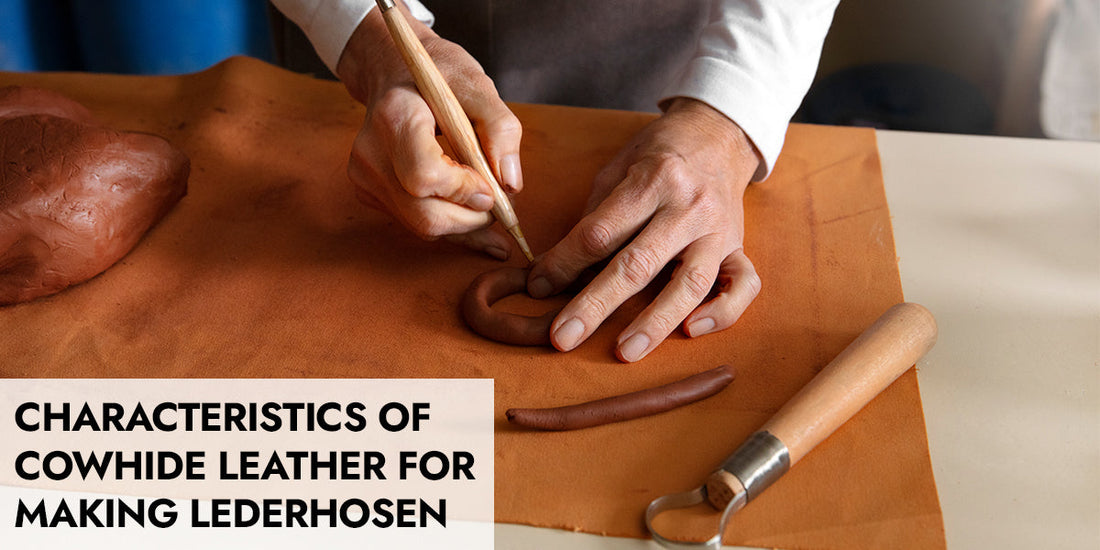 Close-up of a leather craftsman tooling premium cowhide leather by hand with traditional carving tools, highlighting the durability, strength, and craftsmanship that make cowhide an ideal material for authentic Bavarian lederhosen