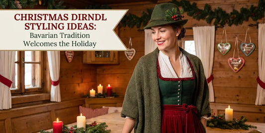 Woman wearing a festive green and red Christmas dirndl with a wool shawl and alpine hat inside a cozy Bavarian-style cabin decorated for the holiday season