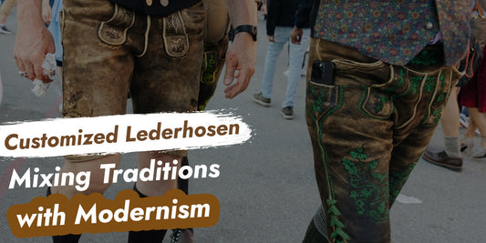 Men wearing customized lederhosen featuring modern styling and traditional Bavarian details, showcasing the evolution of Oktoberfest fashion