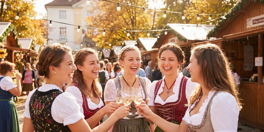 Women wearing elegant dirndls toasting with wine glasses at an outdoor Bavarian festival, showing that dirndls can be worn for cultural celebrations, seasonal events, and festive gatherings