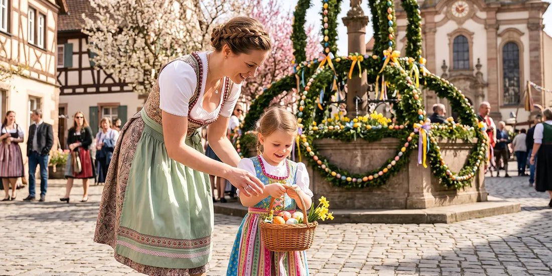 Mother and daughter in traditional dirndls celebrating Easter at a decorated Bavarian town square fountain with colorful eggs and ribbons.