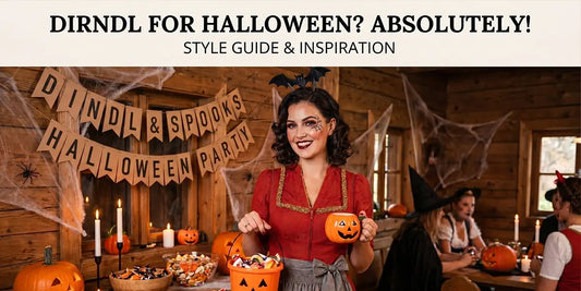 Woman wearing a Halloween-inspired dirndl with festive makeup, bat headband, and pumpkin candy bucket at a Bavarian-themed Halloween party decorated with pumpkins and cobwebs