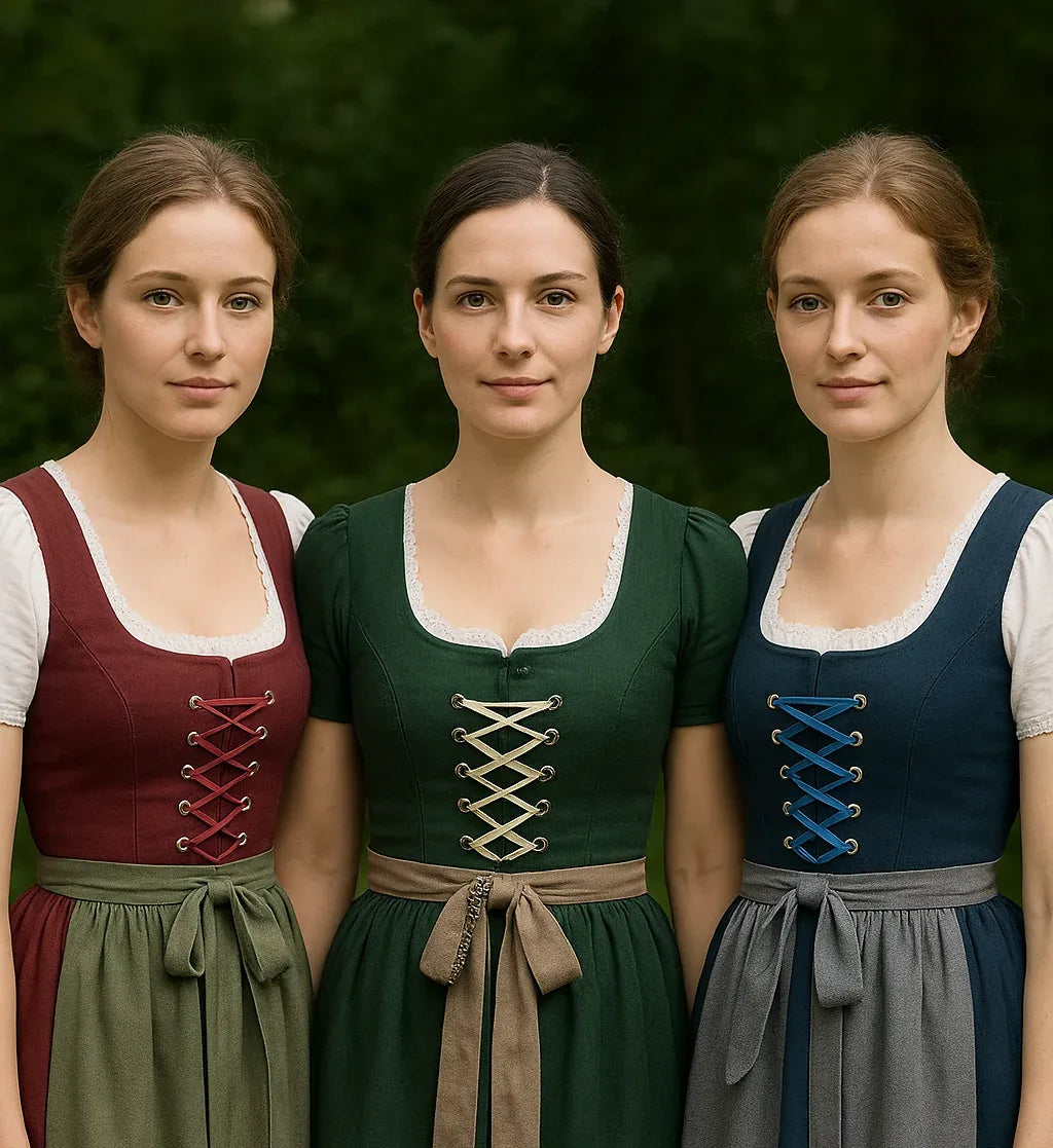 Dirndl bodice lacing styles in maroon, green, and navy showing different lacing techniques for a perfect fit
