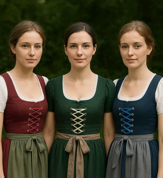 Dirndl bodice lacing styles in maroon, green, and navy showing different lacing techniques for a perfect fit