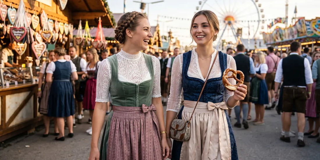 Two women in trending Oktoberfest dirndls in green velvet and navy blue holding a pretzel at a Munich festival fairground.
