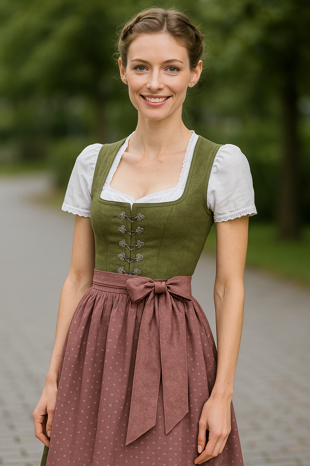 Woman wearing a fitted dirndl with a defined waist and full apron, styled to flatter a slim body type