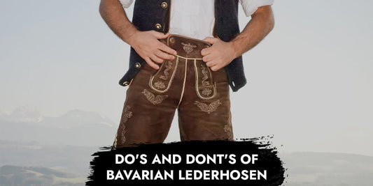 Close-up of a man wearing traditional brown embroidered Bavarian lederhosen with suspenders, illustrating the essential do's and don'ts of wearing authentic lederhosen according to Bavarian fashion etiquette