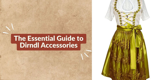 Essential dirndl accessories guide featuring a gold embroidered dirndl with lace bodice and satin apron bow