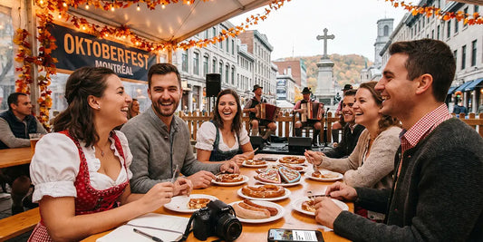 Visitors enjoying Bavarian food, live folk music, and traditional Oktoberfest treats at an outdoor Oktoberfest celebration in Montreal