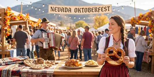 Woman in a traditional dirndl holding a Bavarian pretzel at a Nevada Oktoberfest, with live accordion music, food stalls, and festival visitors in the background