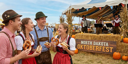 People in traditional dirndls and lederhosen enjoying pretzels, bratwurst, and live Bavarian music during a North Dakota Oktoberfest celebration