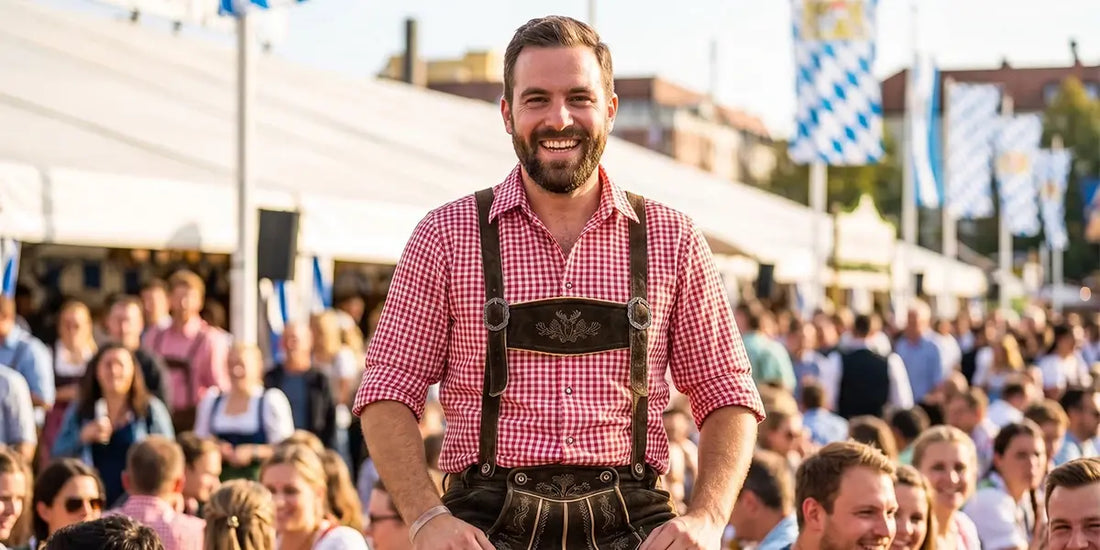 Man wearing traditional lederhosen at Oktoberfest, showing how to wear authentic Bavarian attire for festivals and cultural celebrations.