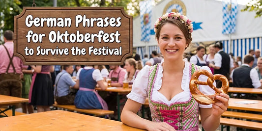 German phrases for Oktoberfest 2026 guide with a woman in a dirndl, pretzel, and authentic Munich festival atmosphere.