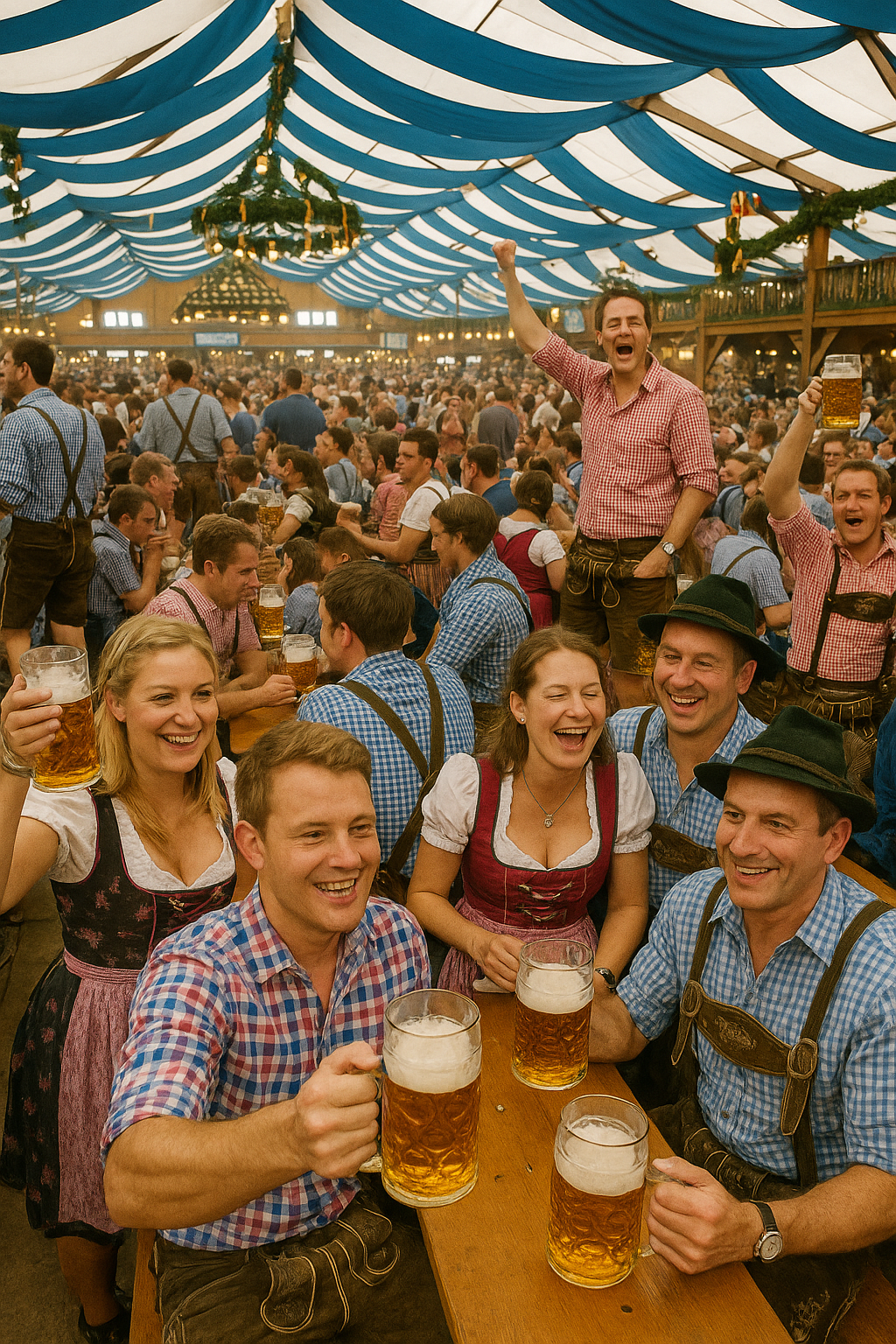 Crowds in traditional Bavarian clothing enjoying beer inside a packed Oktoberfest tent, reflecting the lively atmosphere of Germany's original Oktoberfest celebration