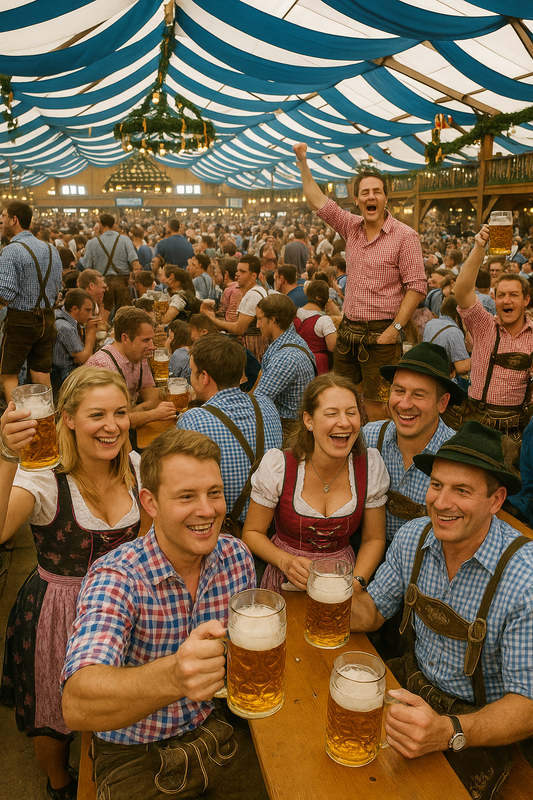 Crowds in traditional Bavarian clothing enjoying beer inside a packed Oktoberfest tent, reflecting the lively atmosphere of Germany's original Oktoberfest celebration