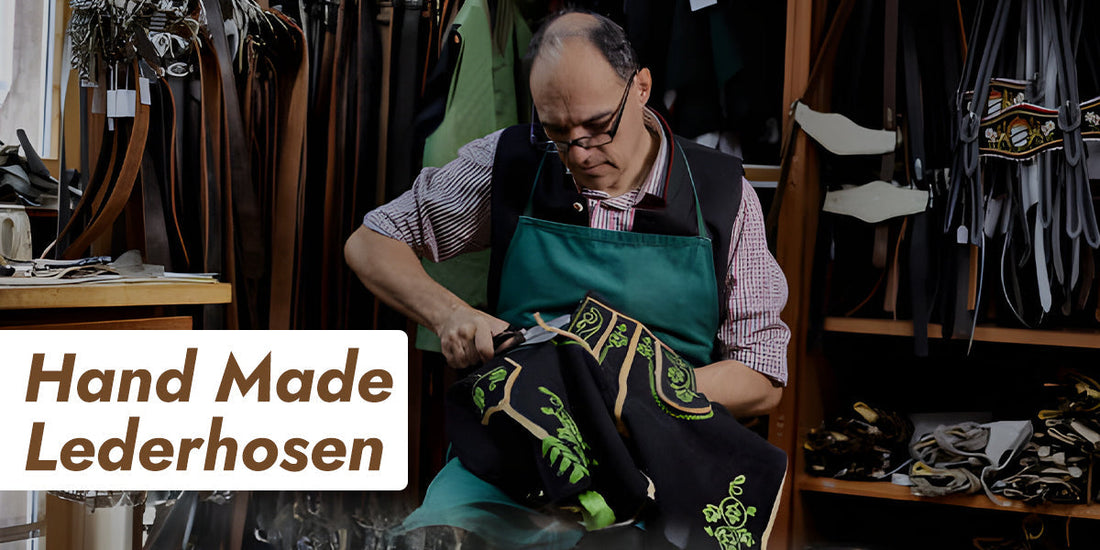 Traditional leather artisan creating handmade lederhosen with intricate embroidery, reflecting the return of handcrafted Bavarian clothing and timeless craftsmanship