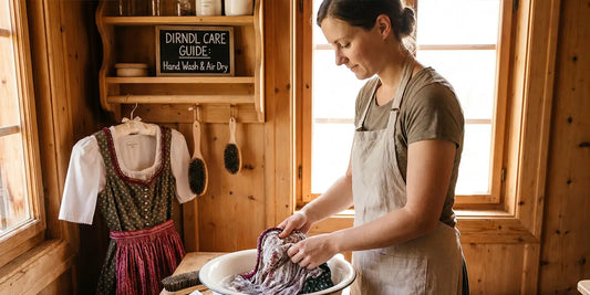 Woman gently hand washing a traditional dirndl in a basin inside a rustic home, demonstrating the proper way to care for a dirndl and preserve its quality and authenticity