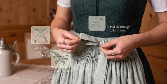 Step-by-step guide showing how to tie a dirndl apron bow correctly for Oktoberfest and Bavarian traditional dress.