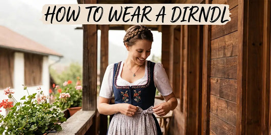 Woman adjusting the apron bow on a traditional Bavarian dirndl, showing the proper way to wear a dirndl according to classic styling guidelines.