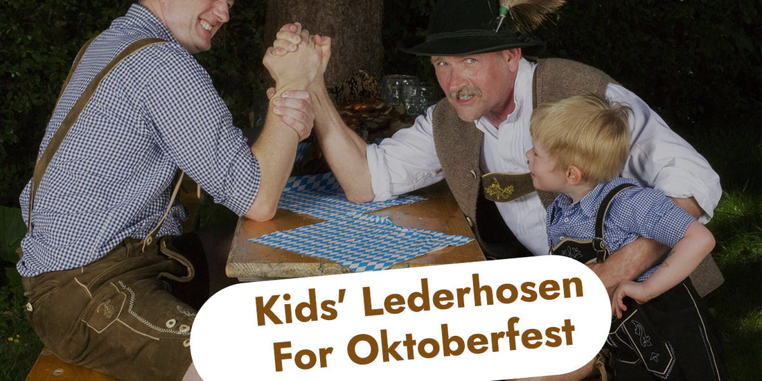 Kids' lederhosen for Oktoberfest featuring a child and adults in traditional Bavarian clothing celebrating family traditions at a festive gathering