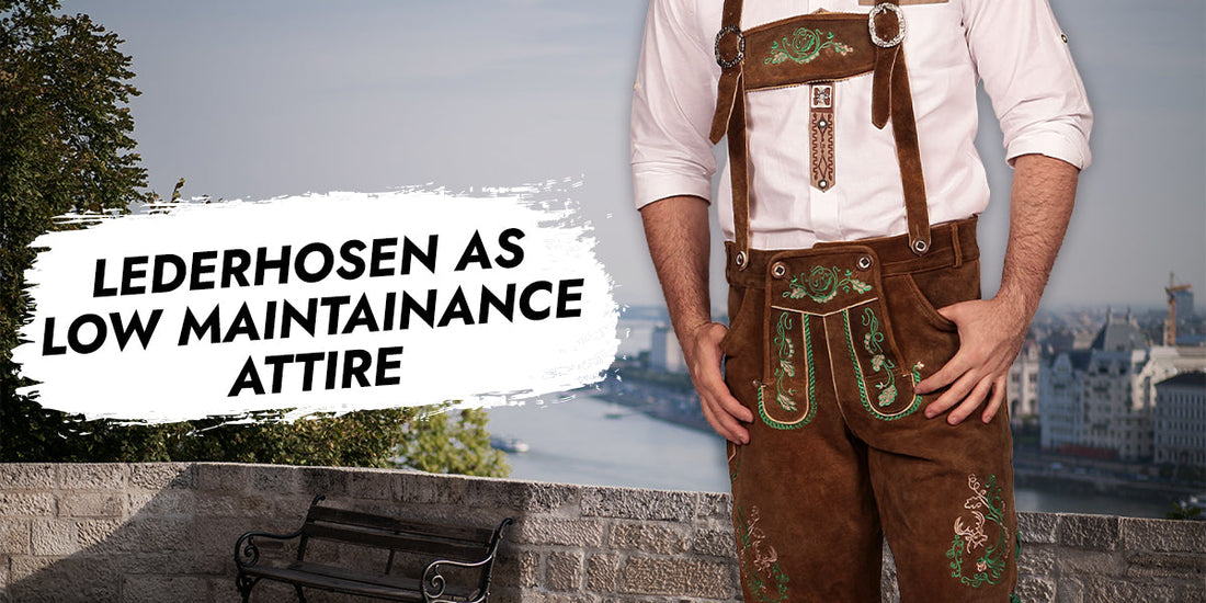 Close-up of authentic Bavarian lederhosen with decorative embroidery and suspenders, representing durable, easy-to-maintain traditional German clothing