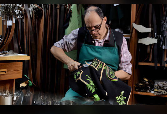 Bavarian craftsman handcrafting authentic lederhosen with traditional embroidery, demonstrating the step-by-step manufacturing process of genuine leather Oktoberfest attire