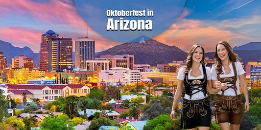 Oktoberfest in Arizona showcasing the Phoenix city skyline with women dressed in authentic dirndl-inspired Bavarian attire celebrating German traditions