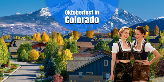 Oktoberfest in Colorado showcasing a Rocky Mountain backdrop with women dressed in authentic dirndl-inspired Bavarian attire celebrating German traditions