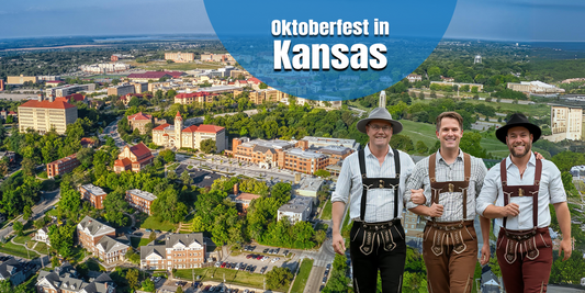 Aerial view of Kansas paired with people wearing traditional lederhosen, highlighting Oktoberfest celebrations and German heritage events across Kansas