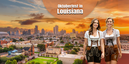 Oktoberfest in Louisiana showcasing the New Orleans city skyline with women dressed in authentic dirndl-inspired Bavarian attire celebrating German traditions