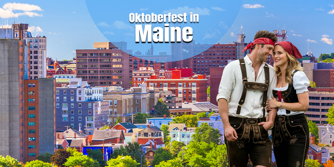 Maine city skyline with a smiling couple wearing traditional Bavarian lederhosen and dirndl, promoting Oktoberfest celebrations in Maine featuring authentic German food, beer, live music, and festive cultural traditions