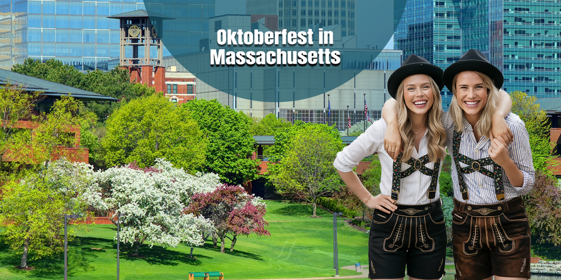 Massachusetts city park with blooming trees and two smiling women wearing traditional Bavarian lederhosen, promoting Oktoberfest in Massachusetts featuring German culture, authentic food, beer, live music, and festive celebrations