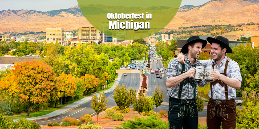 Michigan skyline with colorful autumn trees and two men in traditional Bavarian lederhosen raising beer steins, promoting Oktoberfest events in Michigan featuring authentic German food, beer, live music, and cultural celebrations