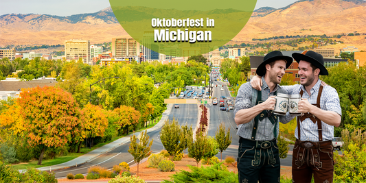 Michigan skyline with colorful autumn trees and two men in traditional Bavarian lederhosen raising beer steins, promoting Oktoberfest events in Michigan featuring authentic German food, beer, live music, and cultural celebrations