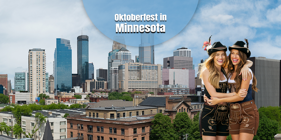 Oktoberfest in Minnesota featuring the Minneapolis skyline and women wearing traditional lederhosen-inspired Bavarian outfits for the festival
