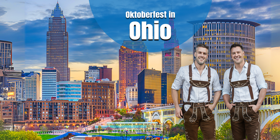 Oktoberfest celebrations in Ohio featuring the Cleveland skyline and two men wearing traditional lederhosen inspired by Bavarian festival fashion