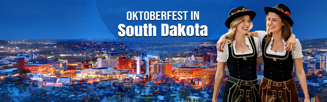 Celebrations of Oktoberfest in South Dakota featuring the Sioux Falls skyline and two women wearing traditional Bavarian outfits inspired by German festival fashion