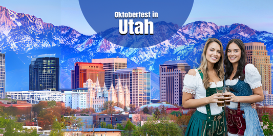 Utah skyline with the Wasatch Mountains in the background and two women wearing traditional Bavarian dirndls holding beer steins, promoting Oktoberfest events in Utah featuring German culture, food, music, and festive celebrations