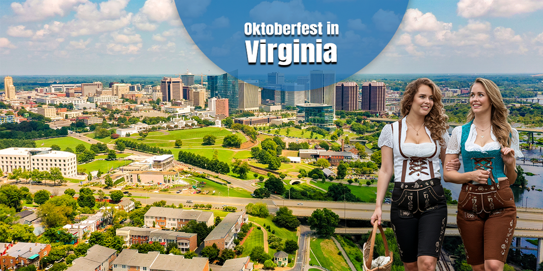 Oktoberfest event in Virginia showcasing the Richmond city skyline with women dressed in authentic dirndl-inspired Bavarian attire celebrating German traditions