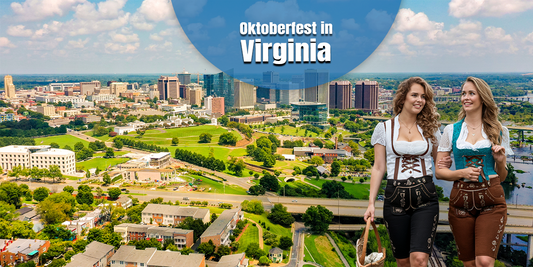 Oktoberfest event in Virginia showcasing the Richmond city skyline with women dressed in authentic dirndl-inspired Bavarian attire celebrating German traditions
