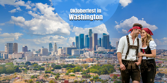 Washington city skyline beneath a bright blue sky with a smiling couple wearing traditional Bavarian lederhosen and dirndl, promoting Oktoberfest celebrations in Washington featuring German culture, food, beer, music, and festive traditions