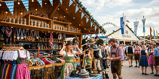 Shoppers browsing a busy Oktoberfest market stall filled with dirndls, lederhosen, alpine hats, beer steins, and Bavarian souvenirs for last-minute festival purchases