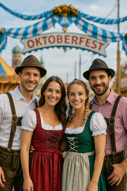 Two couples in traditional dirndls and lederhosen smiling beneath the Oktoberfest entrance, dressed for a festive day together.
