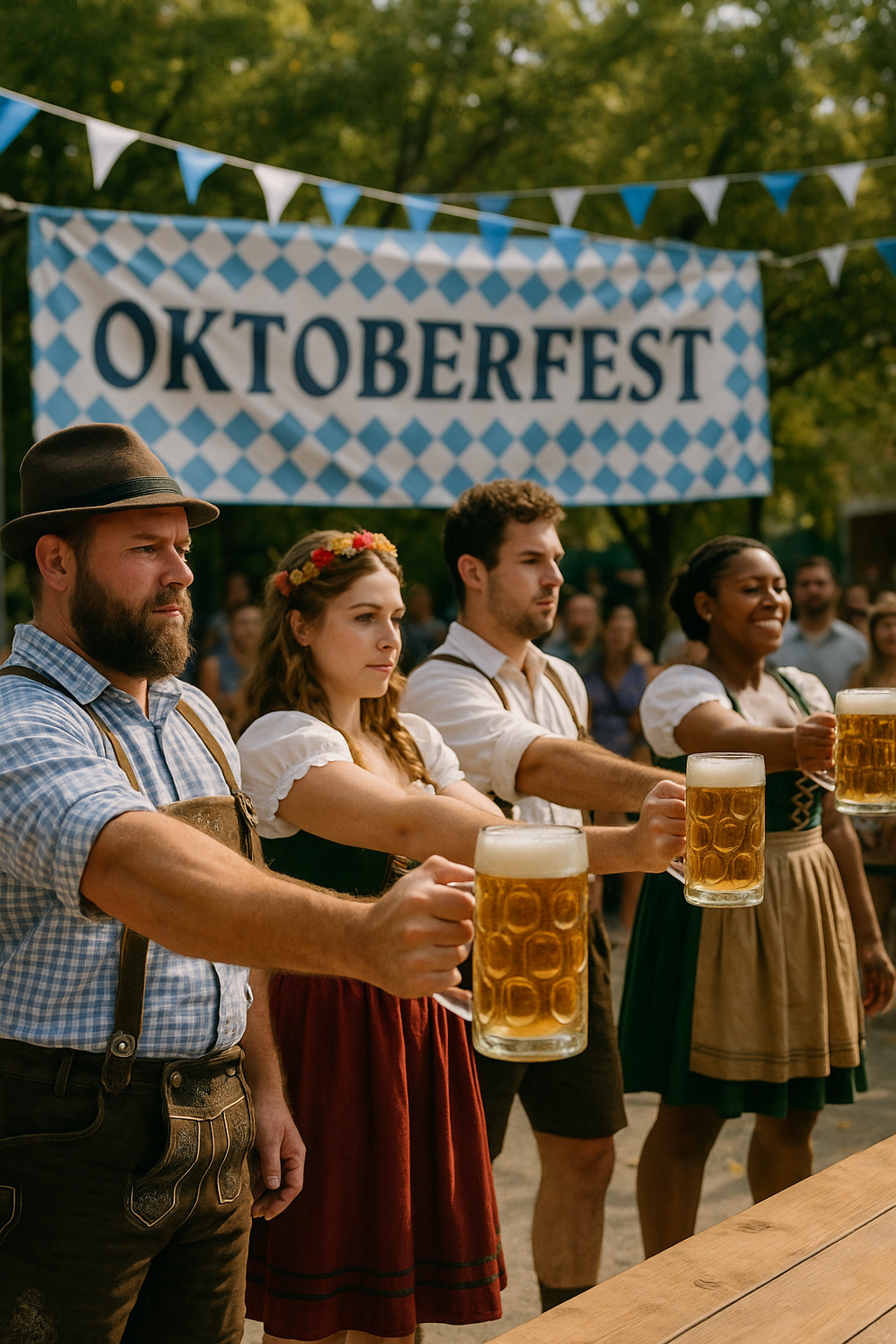 Oktoberfest participants in lederhosen and dirndls holding full beer steins during a traditional beer mug holding competition beneath an Oktoberfest banner
